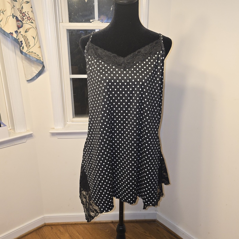 Secret Treasures Black White Polka Dot Lace Trim Cami Nightgown‎ M 8 10